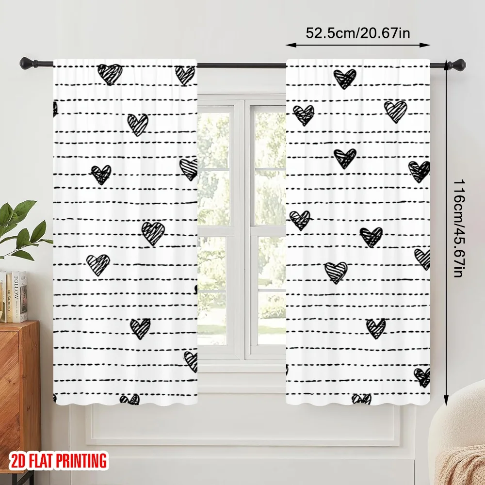 2pcs,2D plane printing Curtains Hearts on Wavy Lines Versatile Polyester (without rod) Festive Ldeal for Bedroom, Living Room,