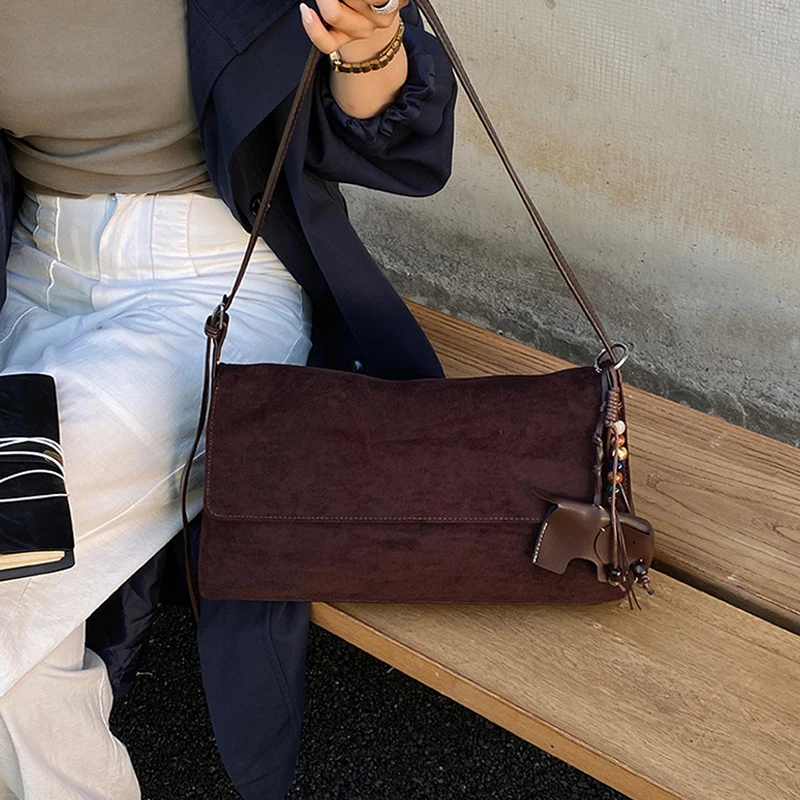 Vintage Suede Large Capacity Tote Bag Lazy Style Flap Shoulder Bag Simple Soft Crossbody Bag Casual Daily Commute Trendy Handbag