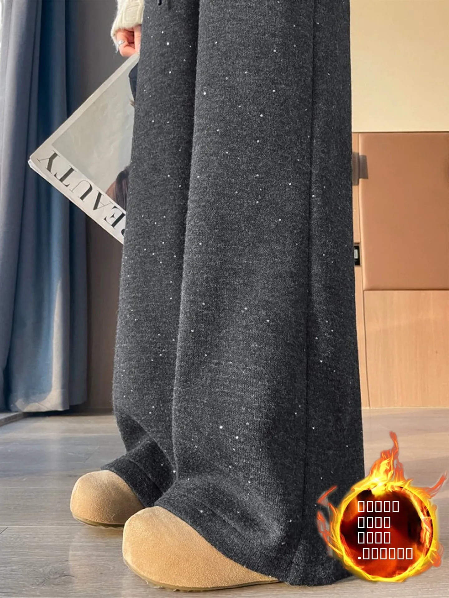 

Широкие повседневные брюки из шерсти с пайетками Starry, женские, осенне-зимние, на флисовой подкладке, теплые, с эластичным поясом, свободные, стройнящие, длинные...