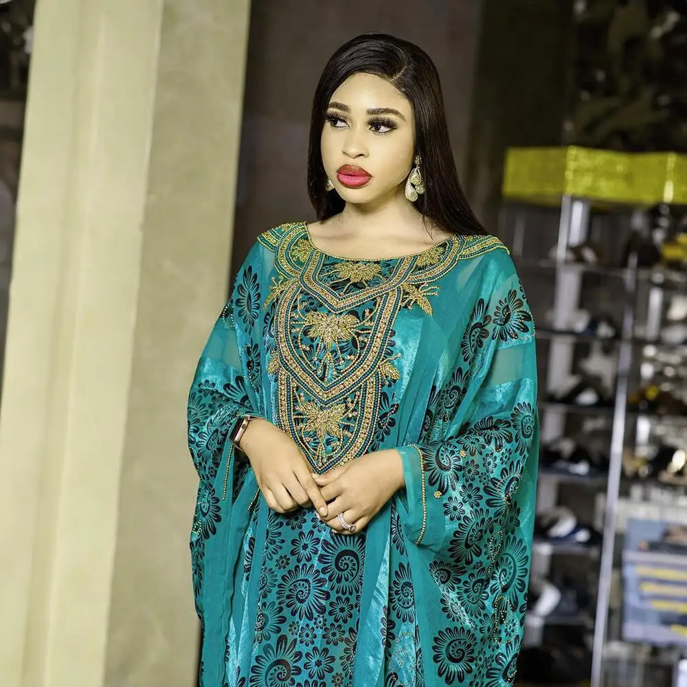 2025 African Mother Luxury Large Swing Dress with Inner Skirt Chiffon Diamond 2 Piece Set Gown O Neck Printed Women Dashiki Robe