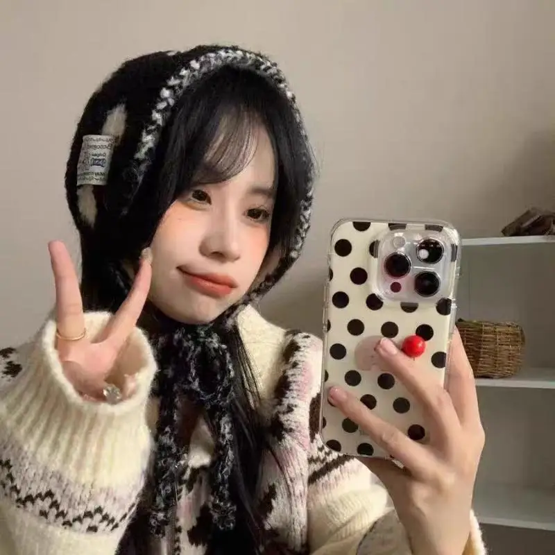[Beautiful]Womens Cute Polka Dot Fuzzy Knit Ear Flap Hat Soft Warm Fabric Adjustable Tie Strings For Winter Daily Wear Outdoor
