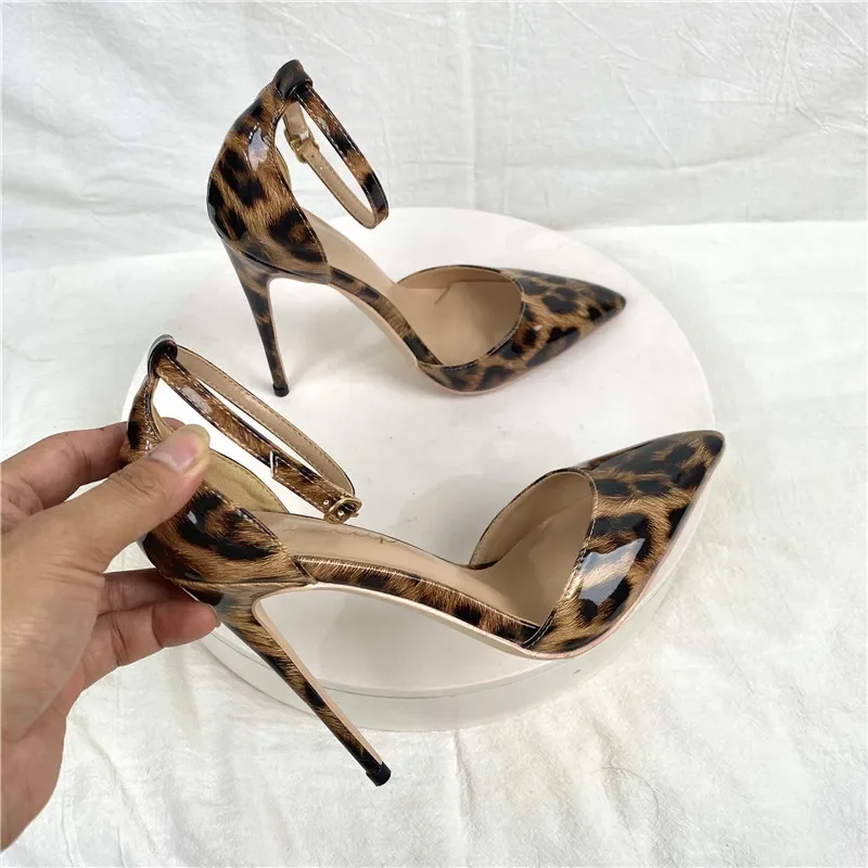 Leopard Leather Ankle Strapy Party Shoes Women Stiletto High Heel Shoes Ladies Wedding Ankle Strapy Women Pump Size 33-45