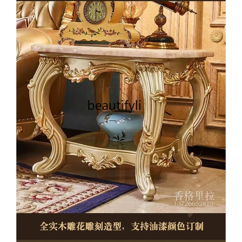 

European square living room solid wood carving flower marble gold-painted corner table sofa edge table
