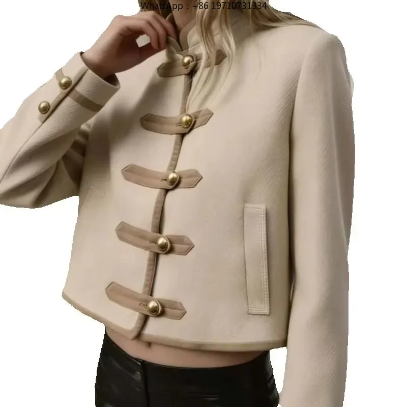 Vintage Stand Collar Contrast Trim Coat 2026 Women's French Casual Short Coat With Metal Buttons Office Outerwear