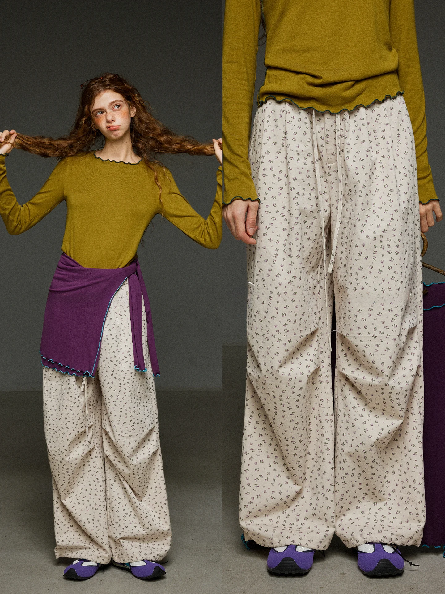 

Retro Floral Print High Waist Wide Leg Casual Pants Women's Spring Loose Fit Straight Cut American Workwear Sport Trousers