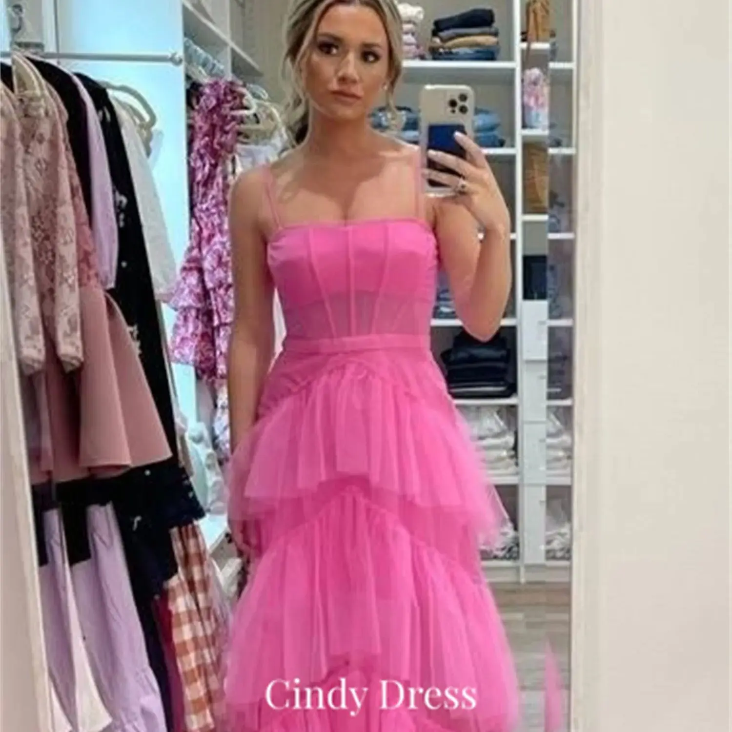 Cindy Off the Shoulders Elegant and Pretty Women's Dresses Evening Dress Multi-layer Mesh Suitable Request Pink Female Womens