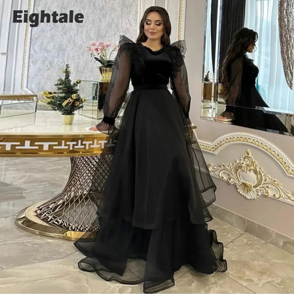 

Eightale Arabic Evening Dress O-Neck Appliques Beaded Cap Long Sleeves Ruffled Black Prom Party Gowns abendkleid damen