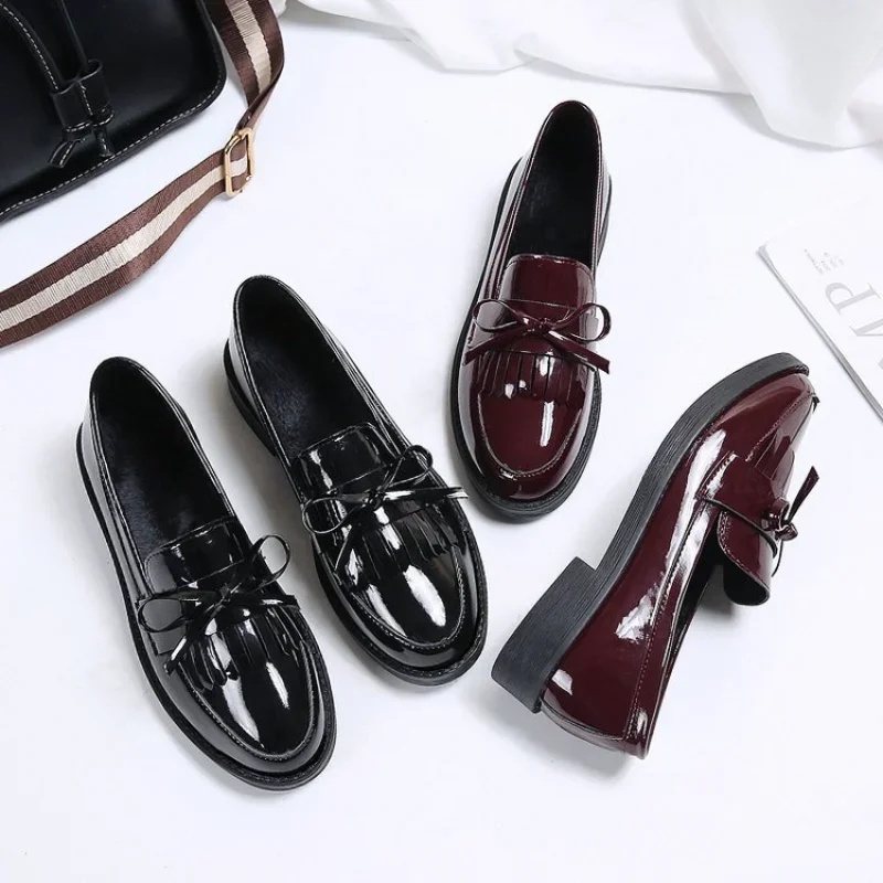 Black Loafers for Women Platform PU Leather Casual Shoes Woman Spring New Comfort Tassel Slip on Flats Single-shoe Plus Size 43