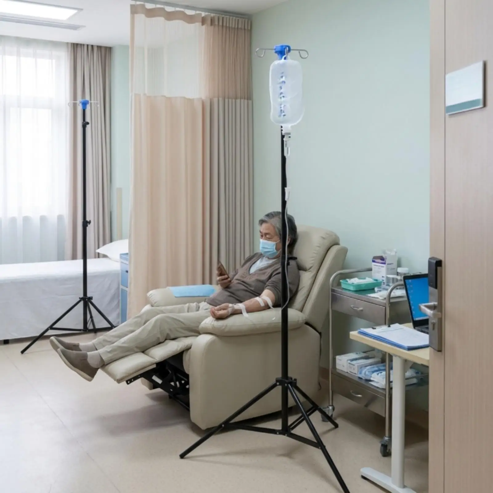 Four Hook Portable Infusion Pole Stand Adjustable Height Steel Tripod Base Foldable for Home Medical Use