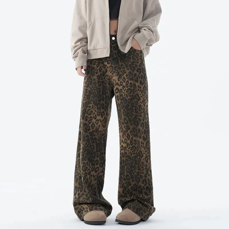 American Retro Leopard Print Jeans Women Spring And Summer 2025 Fashion Wide Leg Pants Loose Drape Mopping Trousers