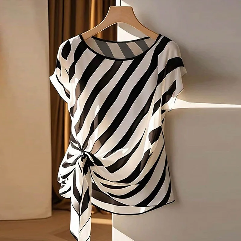 

Summer 2025 Women's Plaid irt Knot ort Sve Holiday Sle Cross-Border Faion Polyester Fabric Regular Thin