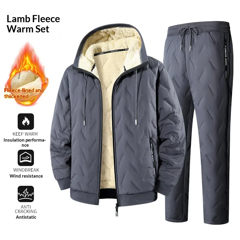 Outdoor Men's Lamb Fleece Lined Tracksuit Winter 2Pcs Quilted Hooded Coat + Jogger Pants Sets Men Thick Warm Thermal Outfit Sets