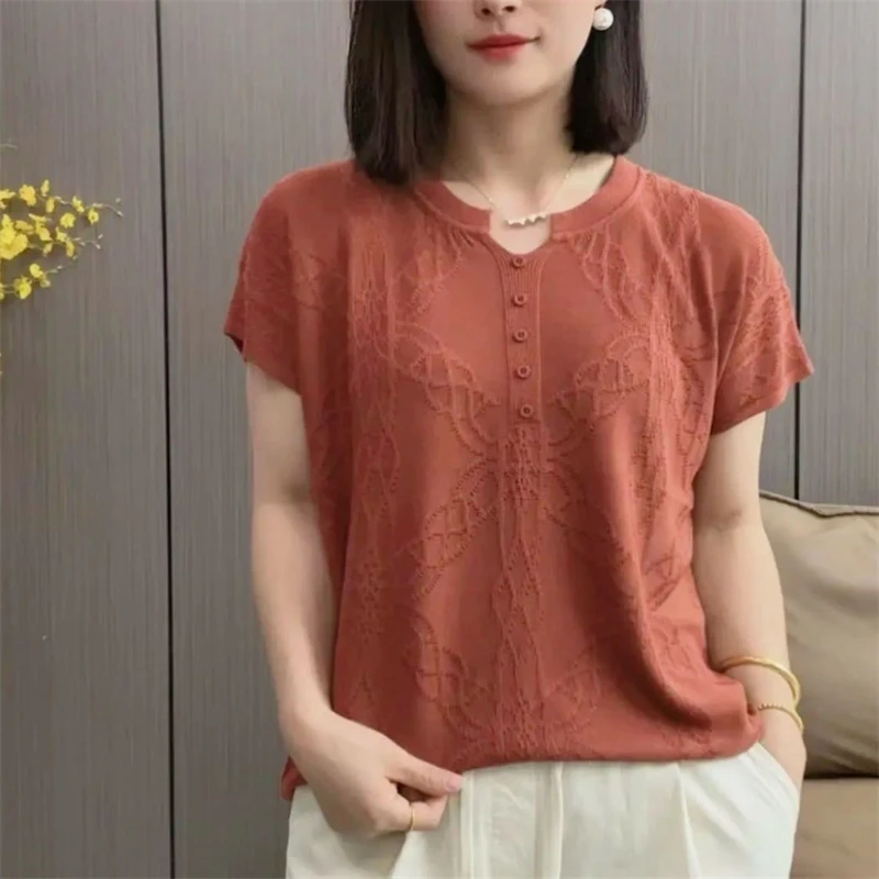 Women Clothing 2024 Summer Fashion Jacquard Ice Silk Short Sleeve Thin Knitted T-shirt Simple Casual V Neck Loose Pullover Tops