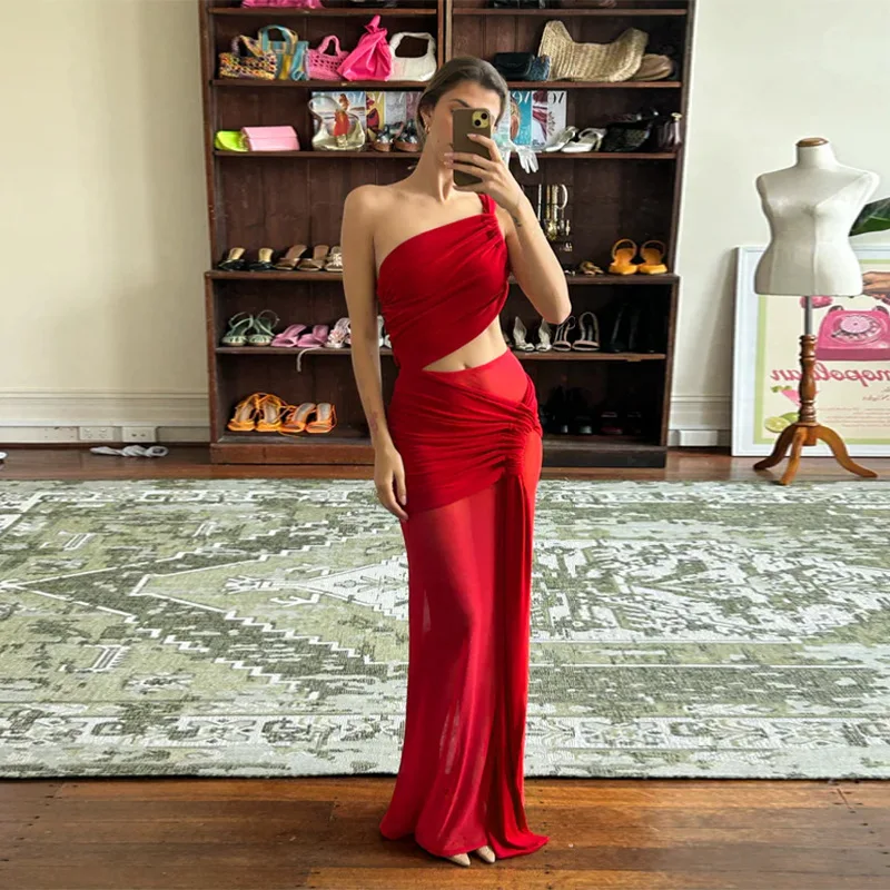 อารมณ์เซ็กซี่ SLIM FIT สัมผัสสะดือสายคล้องไหล่เดี่ยวปิดไหล่ตาข่ายดูผ่าน Twisted Pleat ริบบิ้นผู้หญิงชุด