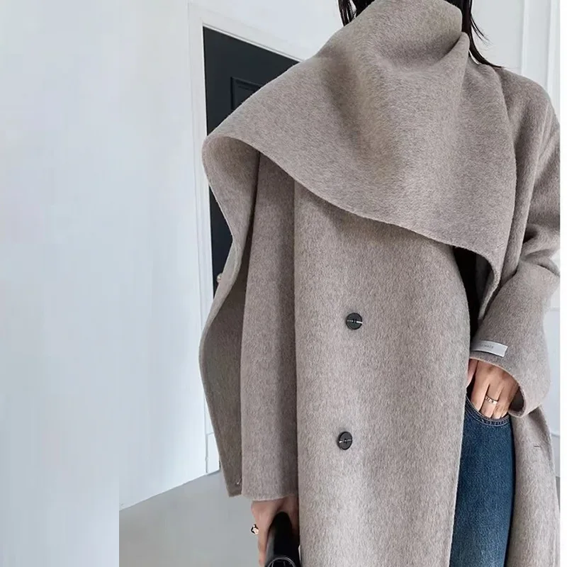 

Autumn and Winter 2025 New Coat Shawl Scarf Collar Double breasted Solid Color Extended Women's Double Face Woolen Coat