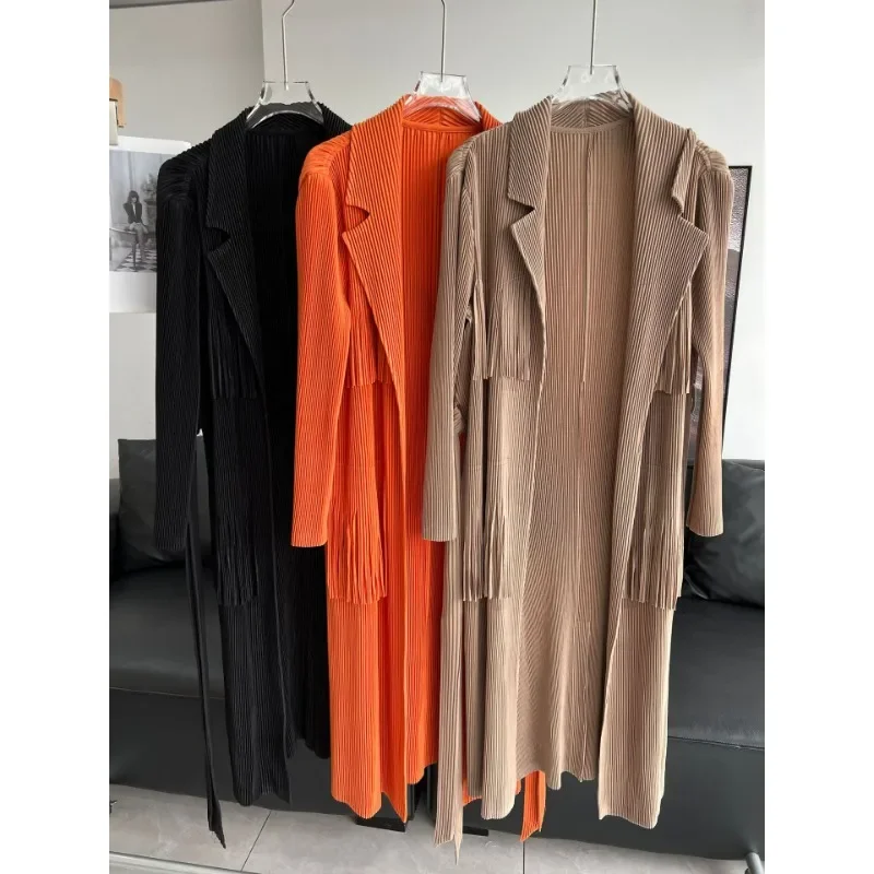 

Miyake Pleated Autumn New Women's Cardigan Long Coat Solid Color Simple Tassel Design with Belt Casual Commuting Trench Coat