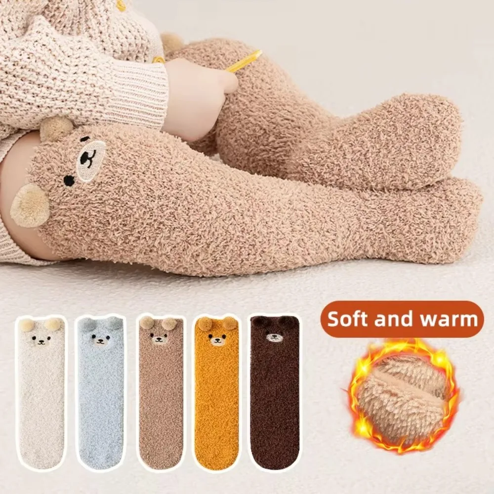 Socks Cartoon Bear Design Baby Socks Thickened Warm Infants Stocking Knee Protection Coral Velvet Socks for 0-5year Kids