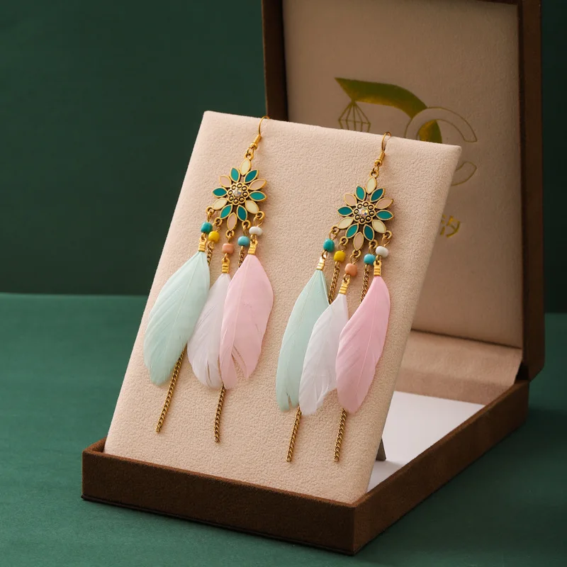 Böhmische lange Feder-Ohrringe für Frauen, klassische ethnische Retro-Temperament-Kette, Blatt-Perlen-Quasten-Ohrringe, Boho-Hochzeitsschmuck – Detail 21