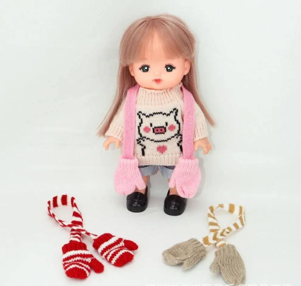 Miniature Neck Scarf 1:12 Doll Clothes Soft Simulation Doll Scarf with Gloves Pretend Play Winter Doll Accessories Xmas