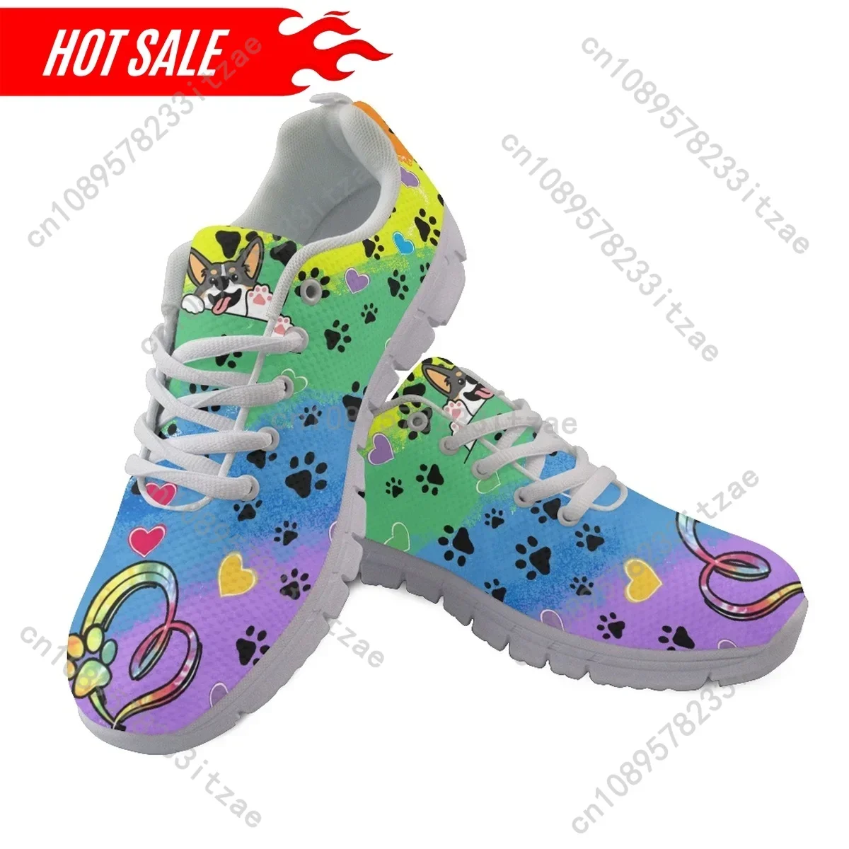 New Arrivals Women Mesh Sneakers Rainbow Gradient Welsh Corgi Cartoon Pattern Flat Shoes for Dog Lovers Zapatillas