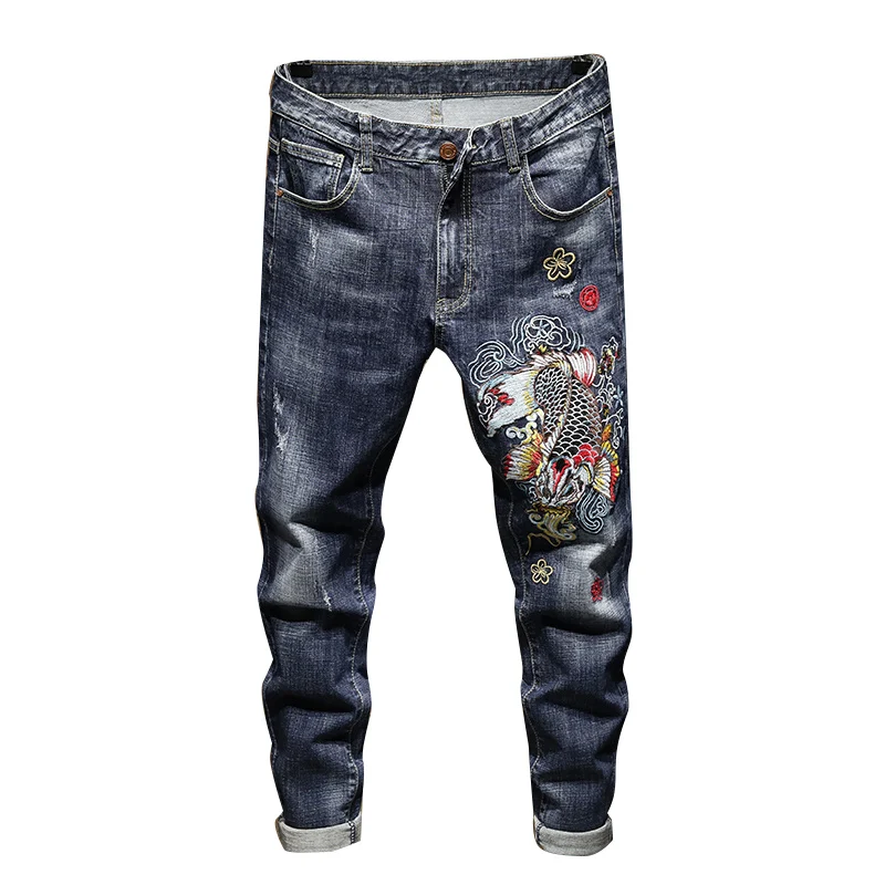 

Pop Men Jeans Pants Slim Fit Washed Vintage Chinese Style Embroidery Koi Fashion Soft Comfortable black blue Denim Trousers