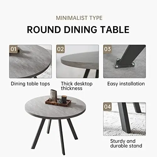 34.6' Round Dining Table Set for 2, Grey + 2 Black Chairs