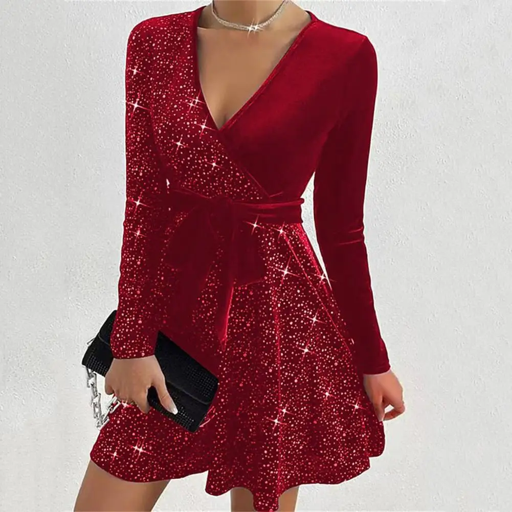 Sequin Embellished Dress A-line Dress Elegant V Neck Lace-up Sequin A-line Mini Dress for Women Tight Waist Prom Party with Long