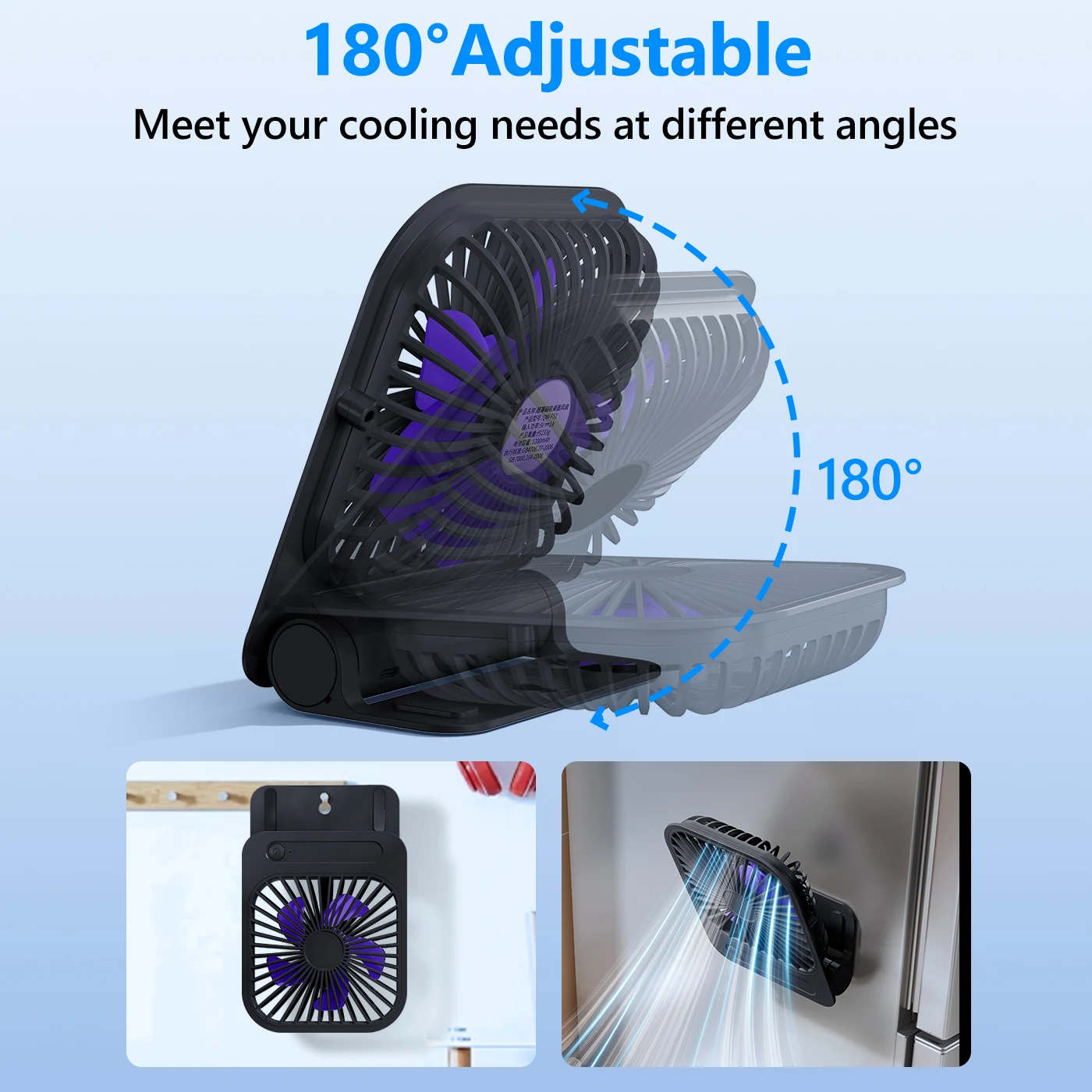 Eary 1200mAh Portable Magnetic Desk Fan Ultra-thin USB Rechargeable Fan 180°Adjustable 4 Speeds Wall Fans Personal Cooling Fans