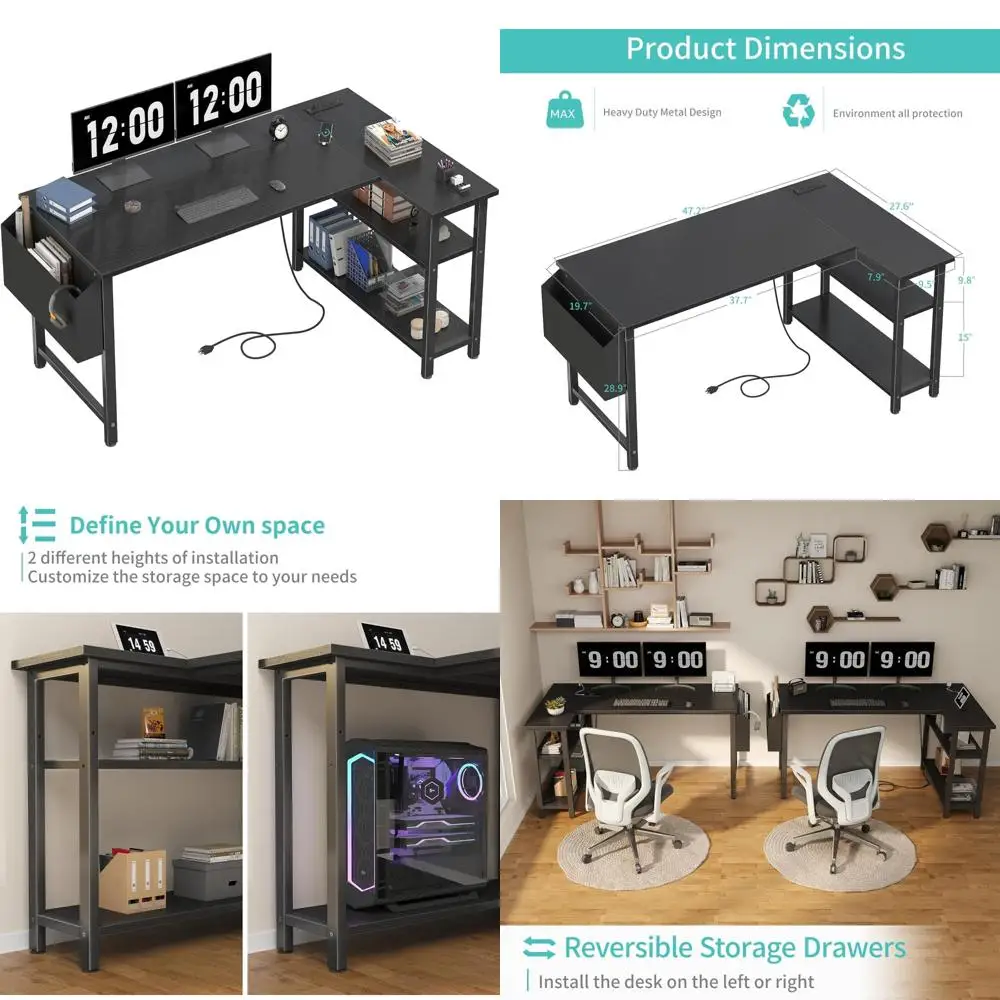 L-Shaped Computer Desk with Power Outlet, 47 Inch Corner Desk for Home Office, Bedroom Study Writing Workspace