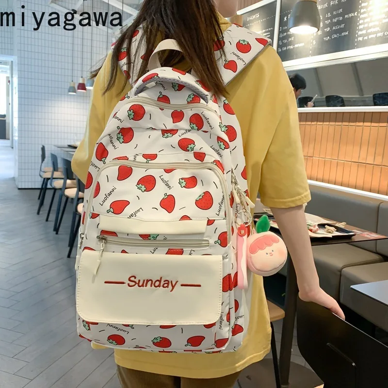 Miyagawa College Style Cute Girls' School Bag New Strawberry Pattern College Student Travel Backpack Kawaii Japanese Backpacks