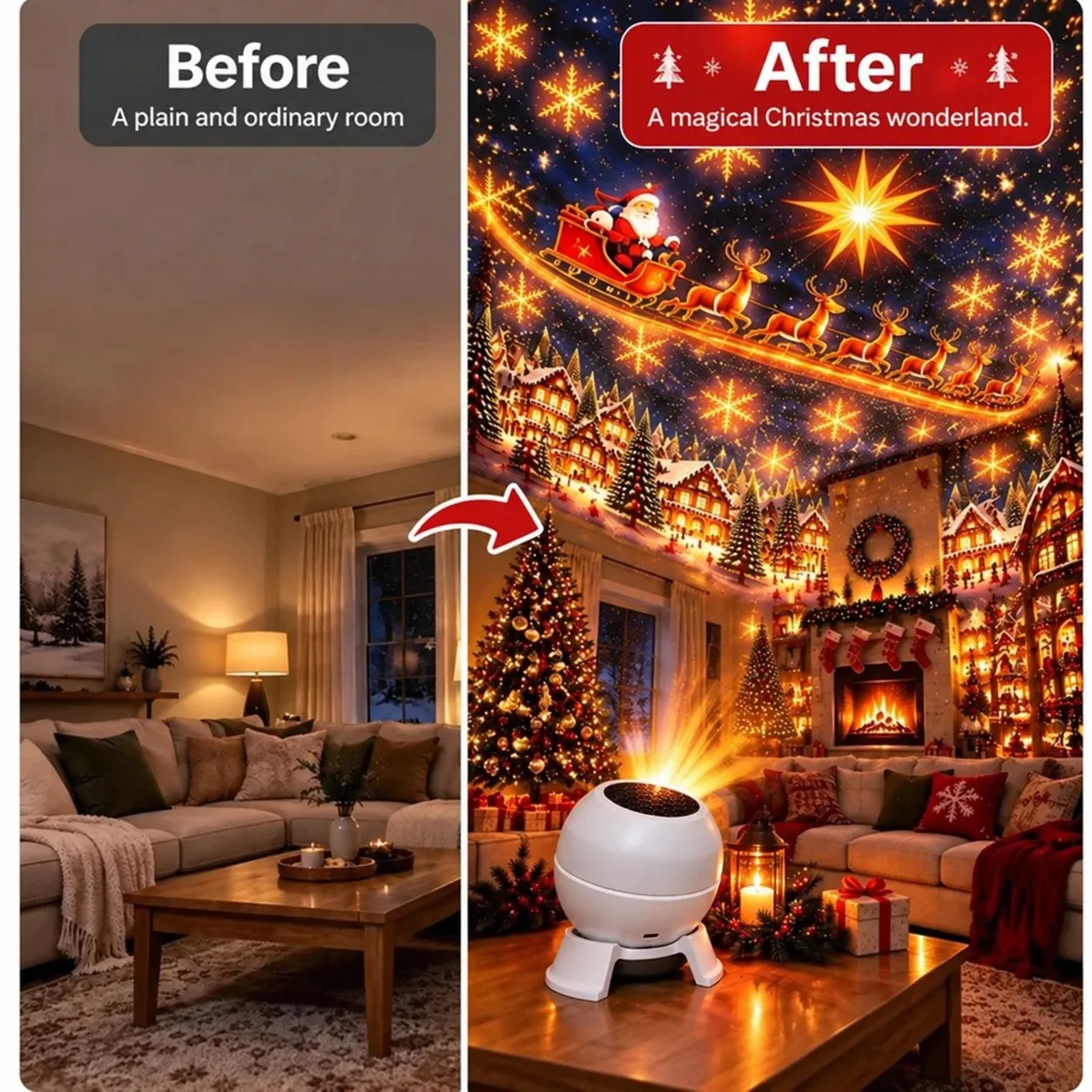 Christmas Projector Light Santa Reindeer Sled Starry Sky Night Light USB Powered Christmas Decorations for Home Bedroom Ceiling