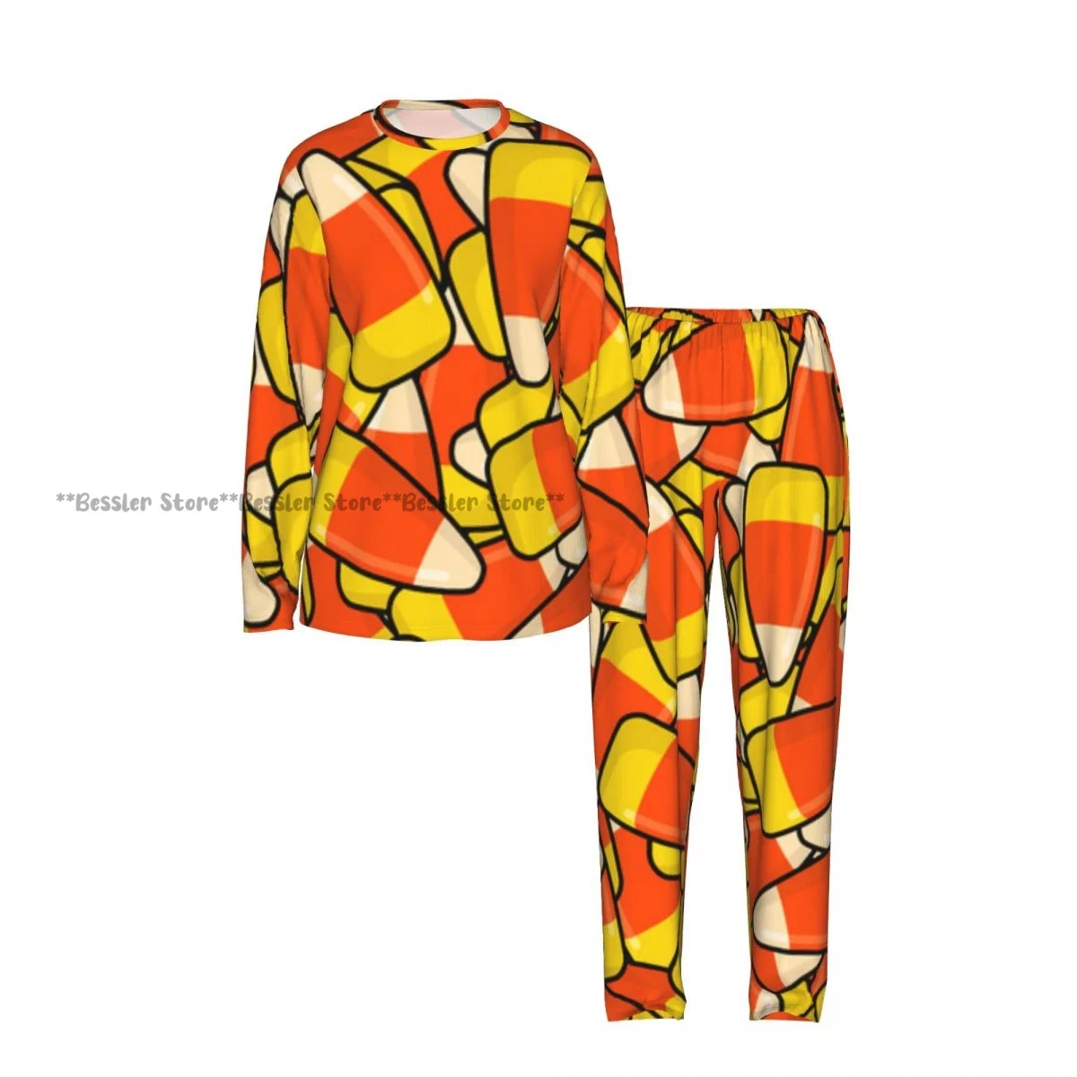 Ladies Soft Pajamas Set Corn Candy Sweets Texture Round Neck Long Sleeve Long Pants Casual Loose Homewear