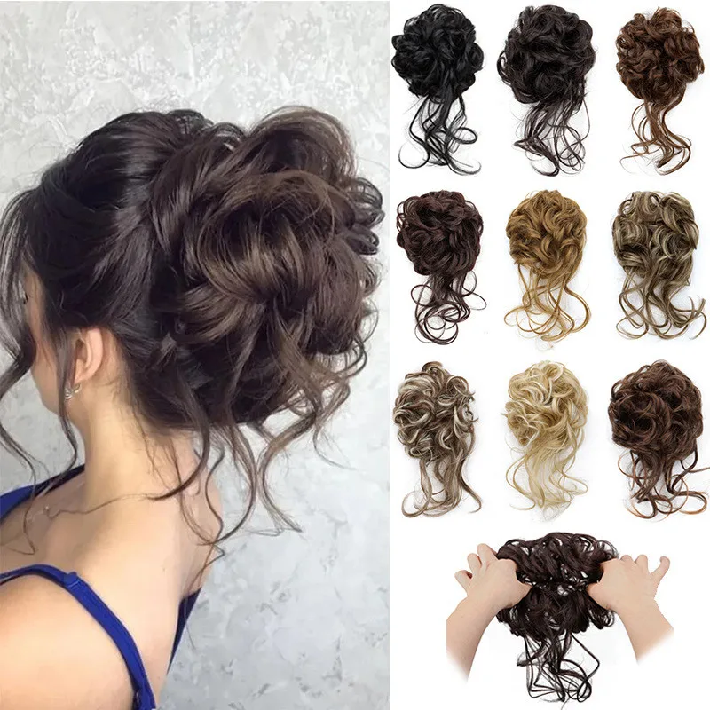 8 inch Synthetic Elegant Messy Curly Elastic Rubber Band Hair Bun Fluffy Easy to Style Suitable for Daily Use Halloween Wig Kpop