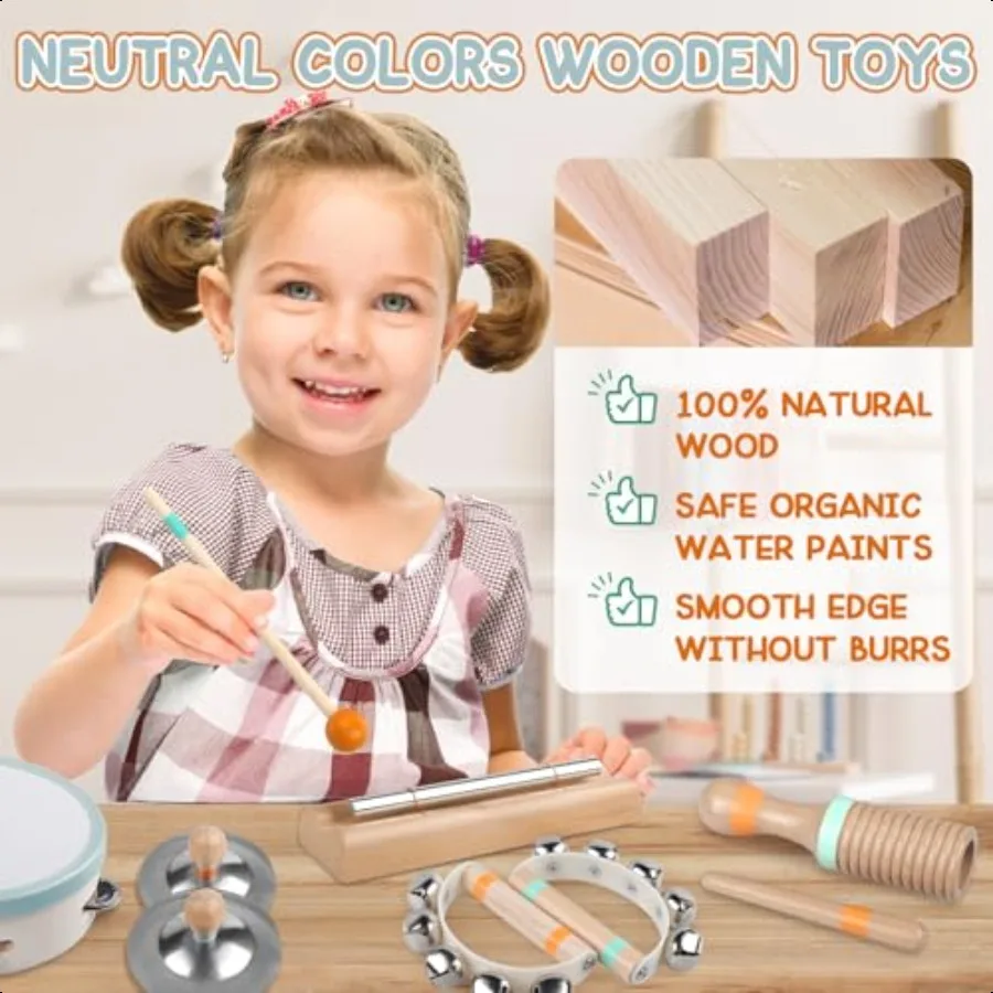 Baby Musical Instruments Montori Musical Toys for Toddlers 13 Wooden Percussion Instruments Set Neutral Colors Modern Boho Musi