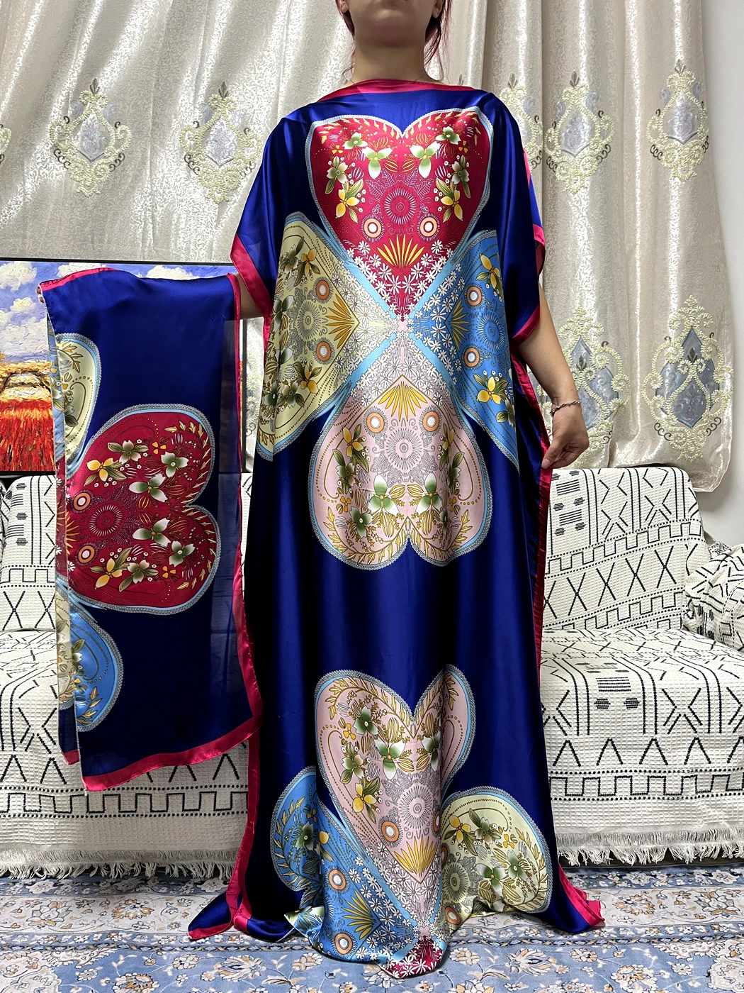 

Abayas For Women 2023 Fashion Printed Silk Satins Loose Femme Robe African Nigeria Soft Party Evening Dresses With Belt Turban