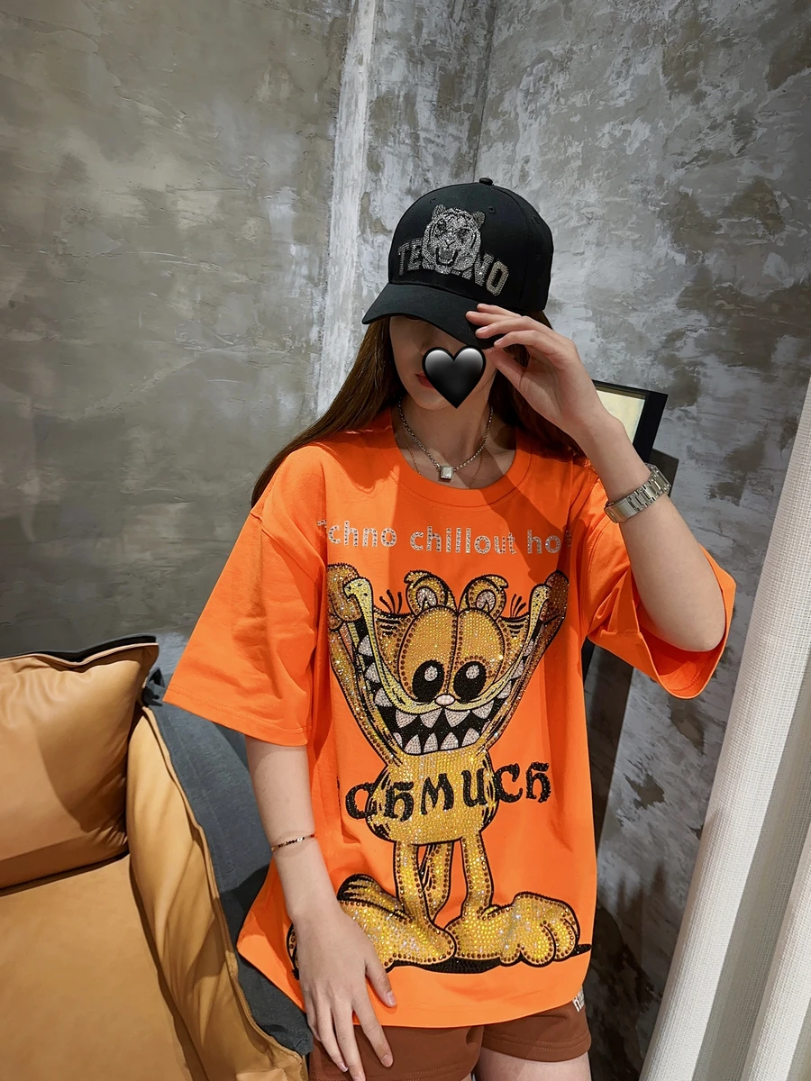 Luxury Brand Shiny Hot Drilling Orange T-shirts for Women Men Oversize Top High Quality Cartoon Diamonds Short Sleeve T Shirt