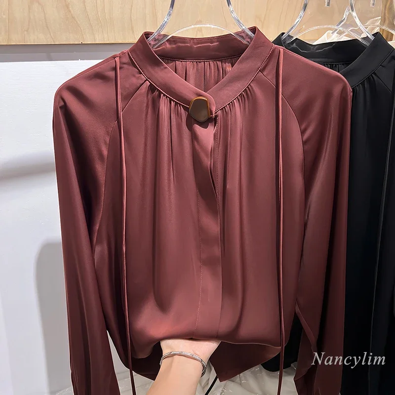 2024 New Temperament Stand-up Collar Wooden Buckle Long-sleeved Solid Color Chiffon Shirt Women's Autumn Top Elegant Blouse