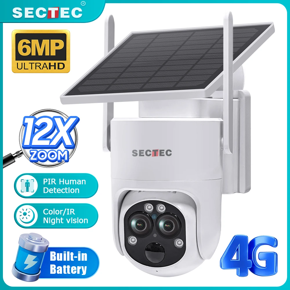 

SECTEC 6MP 3K Wireless Solar Camera 4G Sim Outdoor 12X Zoom Wifi IP Camera PIR Night Vision CCTV Security Protection Monitor