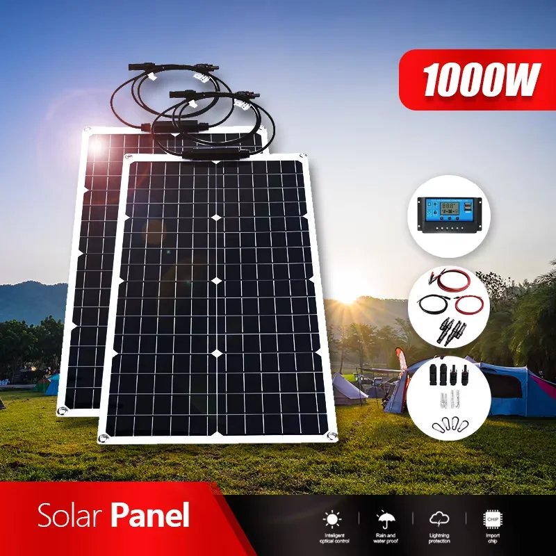 1000W Flexible Solar Panel Kit 12V High Efficiency Monocrystalline - Portable Waterproof Charger for RV Boat Yacht Car Off-Grid