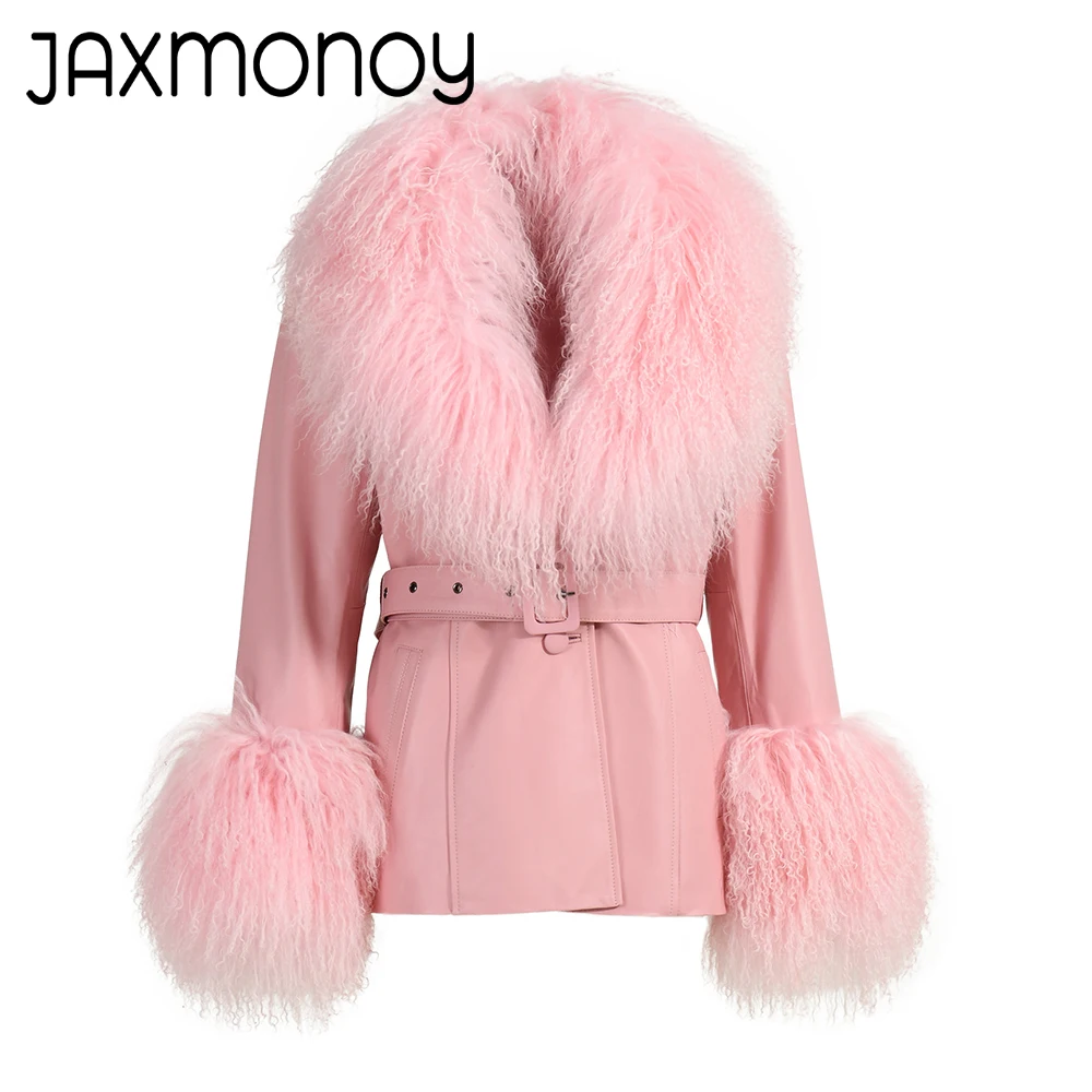 Jaxmonoy jaqueta feminina de couro genuíno com pele mongol real, casacos de pele de carneiro da moda para primavera e outono, casaco de couro real novo