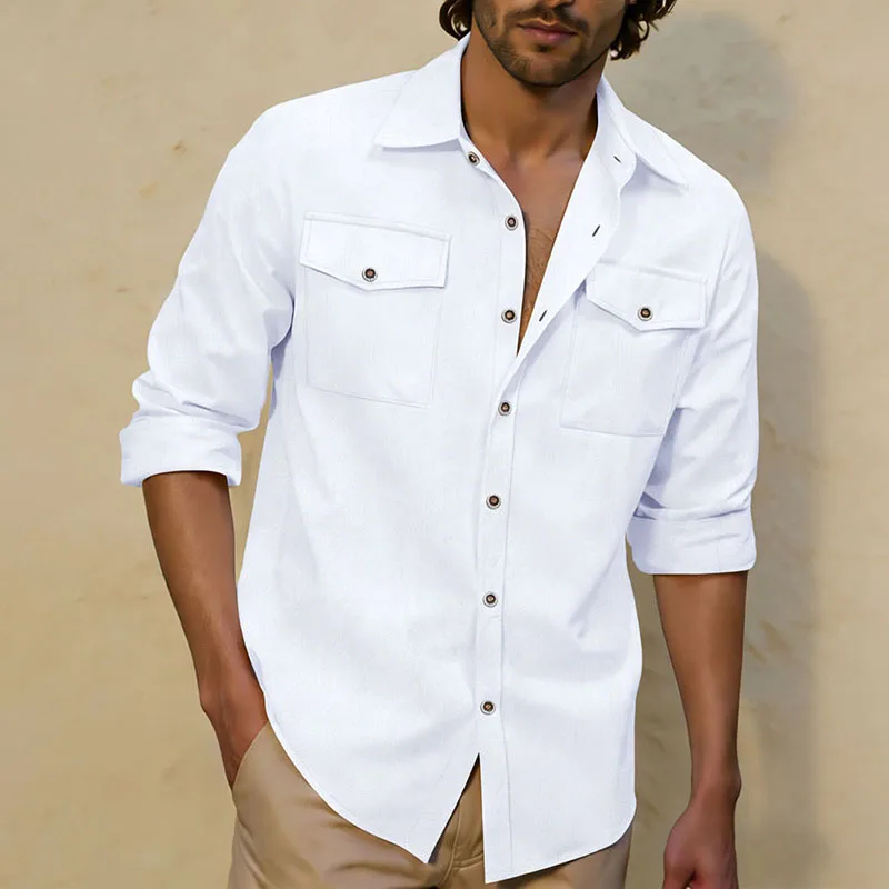 Camisa Casual Masculina de Manga Longa 2026 Nova com Bolso Duplo no Peito, Botões, Linho Macio e Solto, Confortável para o Dia a Dia, Trabalho, Rua e Uso ao Ar Livre