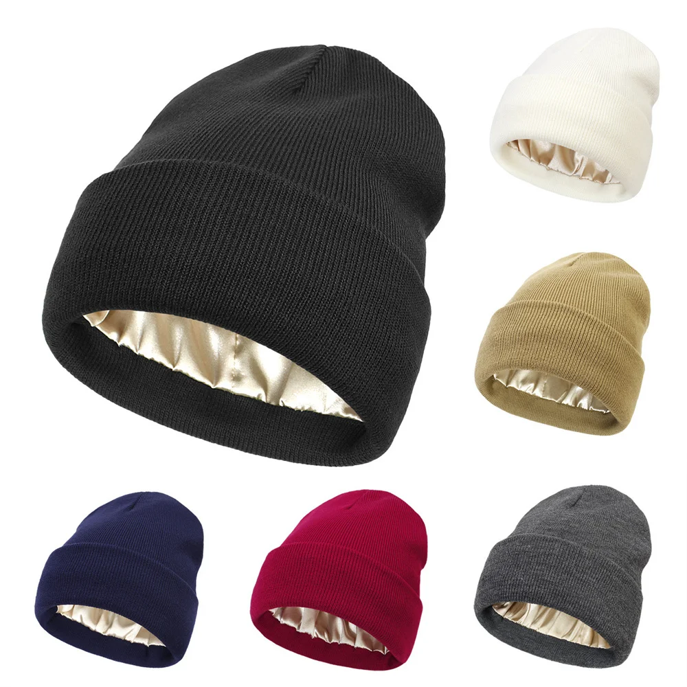 Elastic Knitted Beanies Hat Autumn Winter Warm Hats for Woman Men Outdoor Warm Unisex Casual Cap Satin Lined Protective Hair Cap