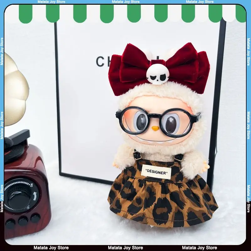 

Only Clothes For Labubu Doll Leopard Print Dress Clothing Skull Bow Headband Glasses Cute Fashionable Halloween Outfit 17cm Red