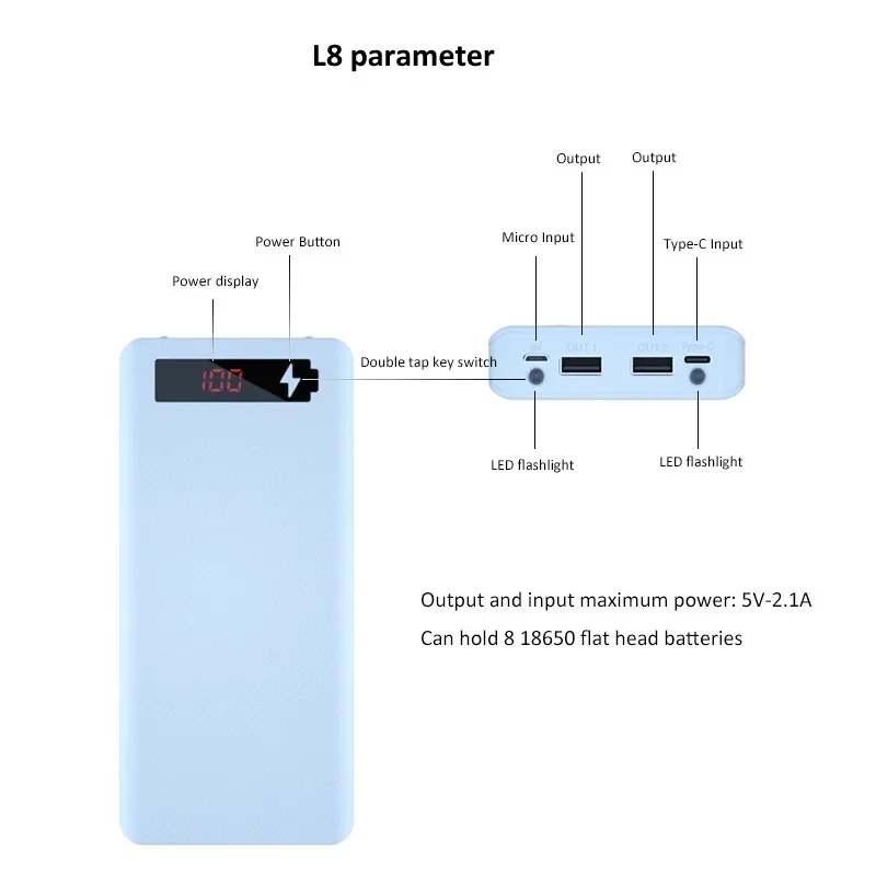 배터리 거치대 듀얼 USB C타입 충전 DIY 쉘, 아이폰 샤오미 화웨이 18650 배터리 케이스 보관함, 8x1865, 0 보조배터리 케이스