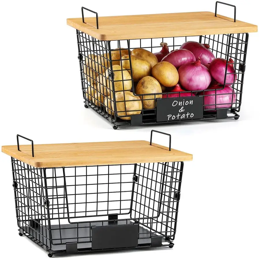 

Set XXL Stackable Wire Basket with Bamboo Tops amp Tag Pantry Organizer and Storage Bins, Kitchen Counter Cabinet Shelf Counter