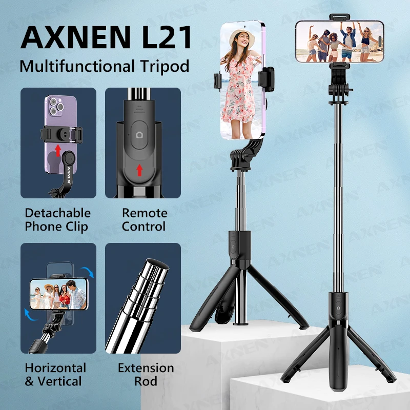 AXNEN L21 Phone Selfie Stick Cellphone Tripod with Extension Rod Bluetooth Remote Control for Android IOS Smartphone Shoot Vlog