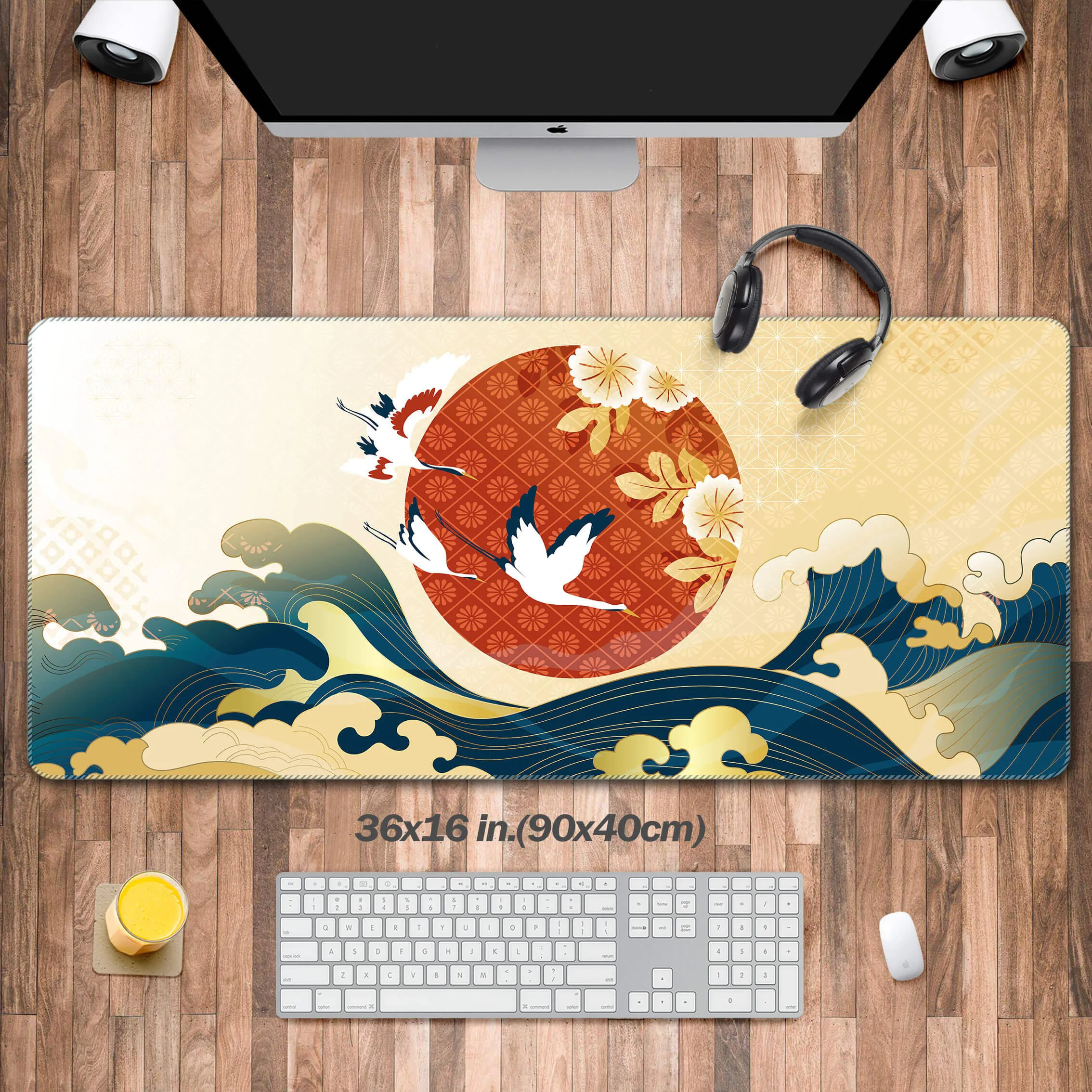 

Japanese Art Desk Mat,large Japanese Crane Mouse Pad,Greatwave Desk Mat, Cute Desk Decoration Laptop Mat with Extended Keyboard