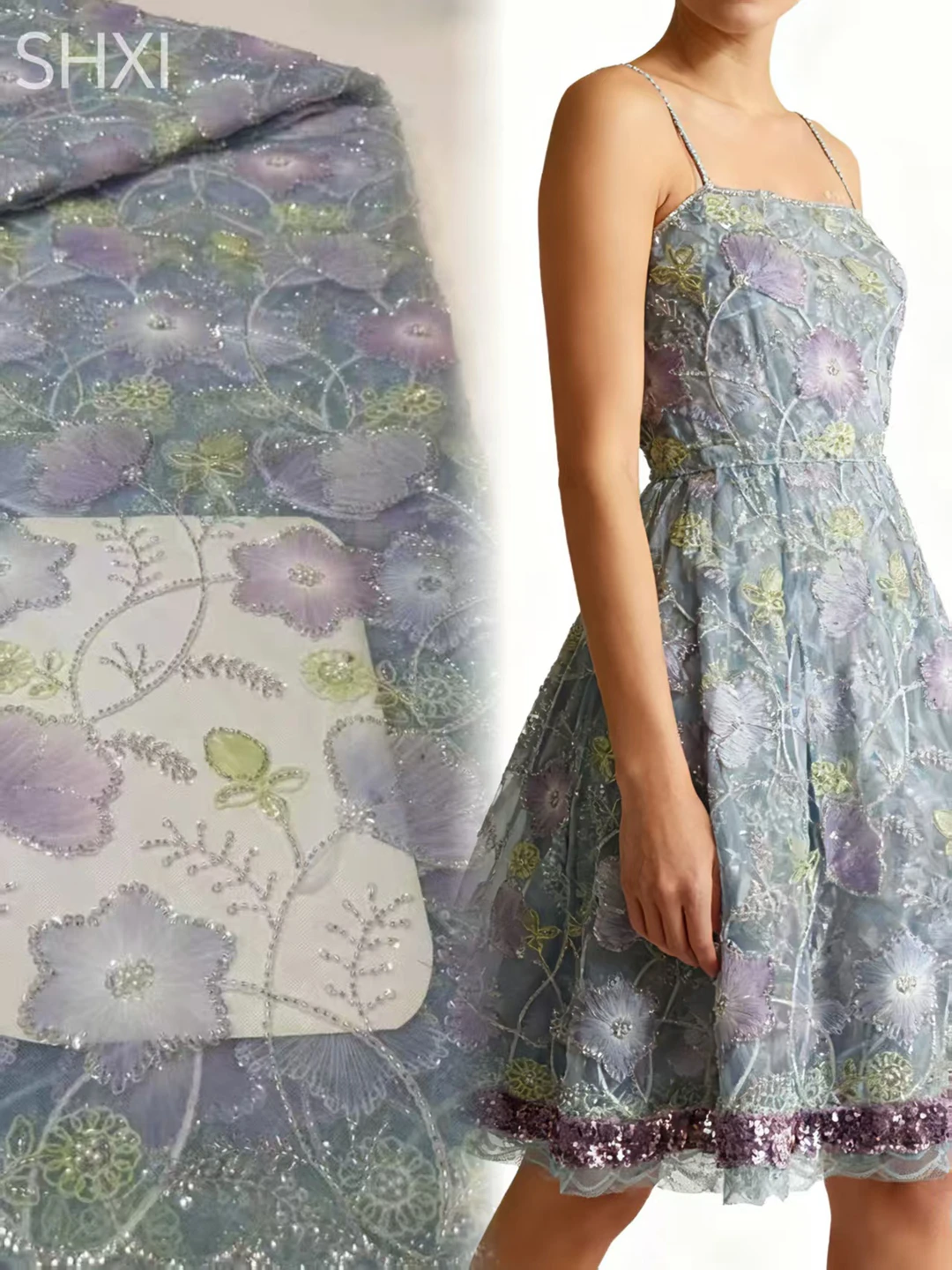 

Новейшая роскошная красочная французская кружевная ткань с 3D блестками из бисера, светло-голубая высококачественная африканская кружевная ткань с бисером для праздничного платья