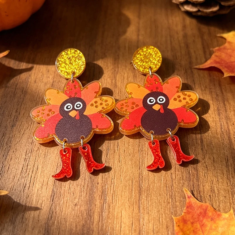 Swinging Feet Cartoon Turkey Earrings Gold Shining Acrylic Thanksgiving Ear stud Earrings Autumn Women's Decorative Gifts