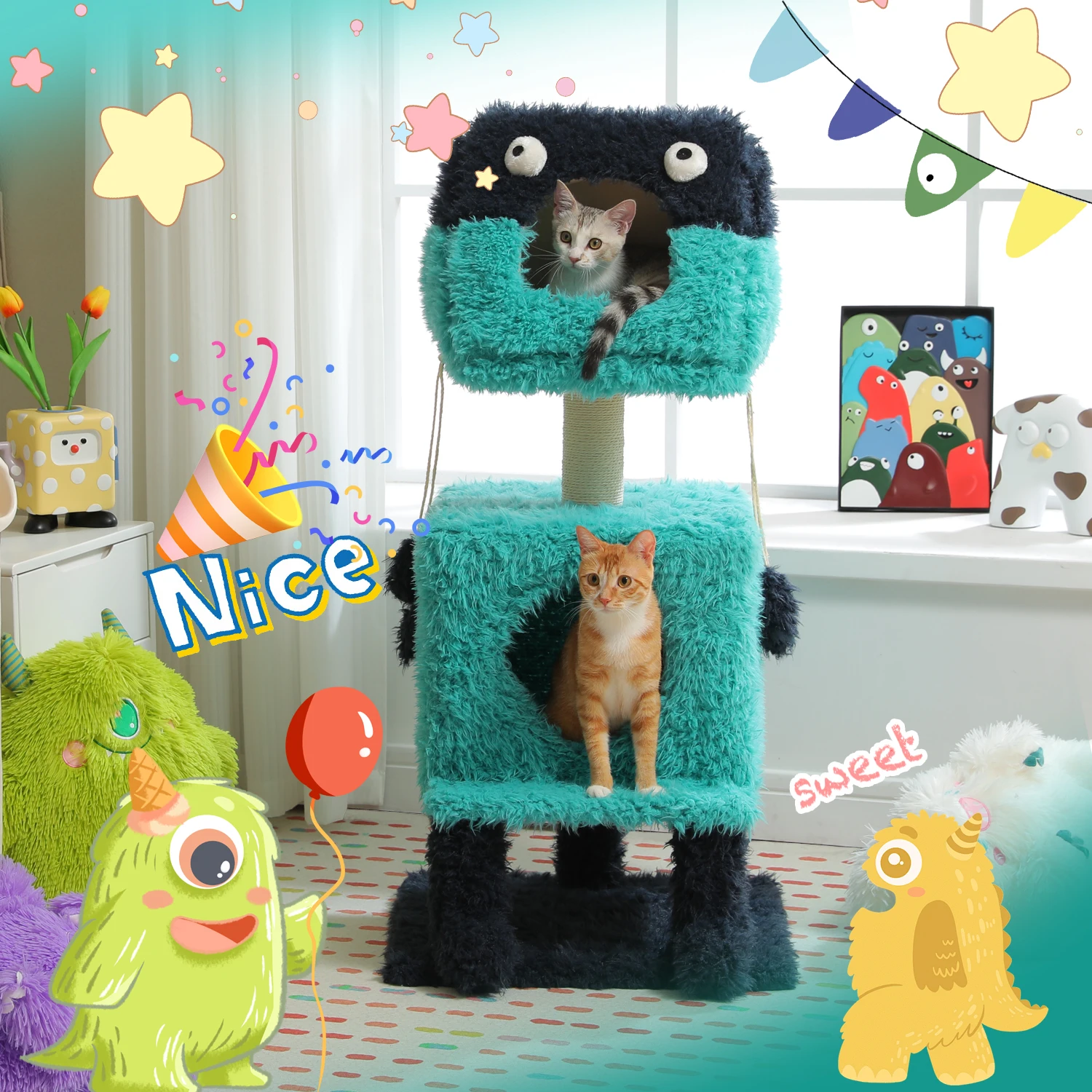 Monster Series Cute Cat Tree Tower Plush Modeling with 2 Big Cat Condos Cat Scratching Post with Plush Shoes Strange Braids Toy